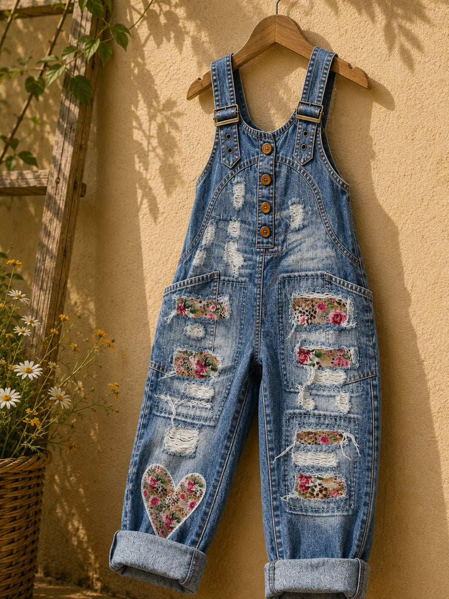 Women's Retro Style Art Print Washed Cotton Denim Patchwork Jumpsuit