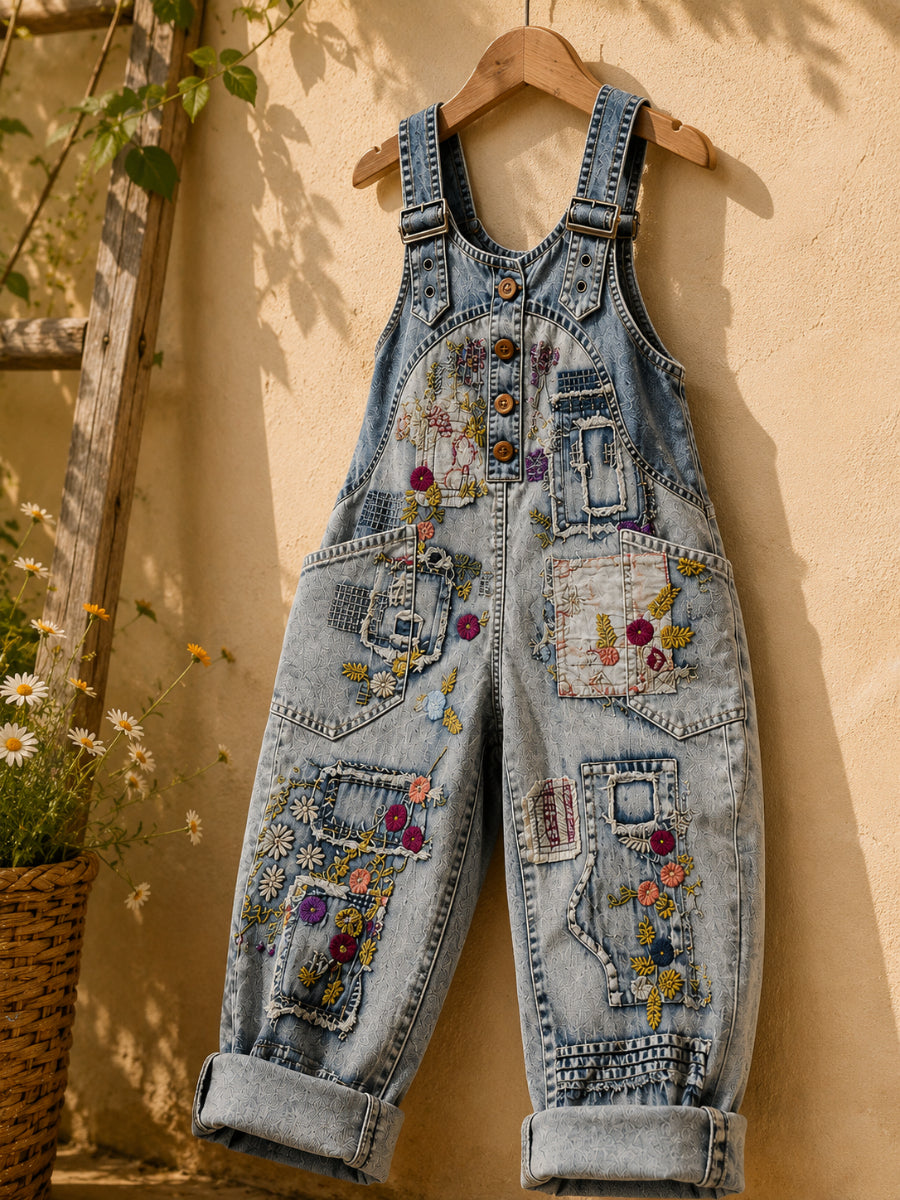 Women's Retro Style Art Print Washed Cotton Denim Patchwork Jumpsuit