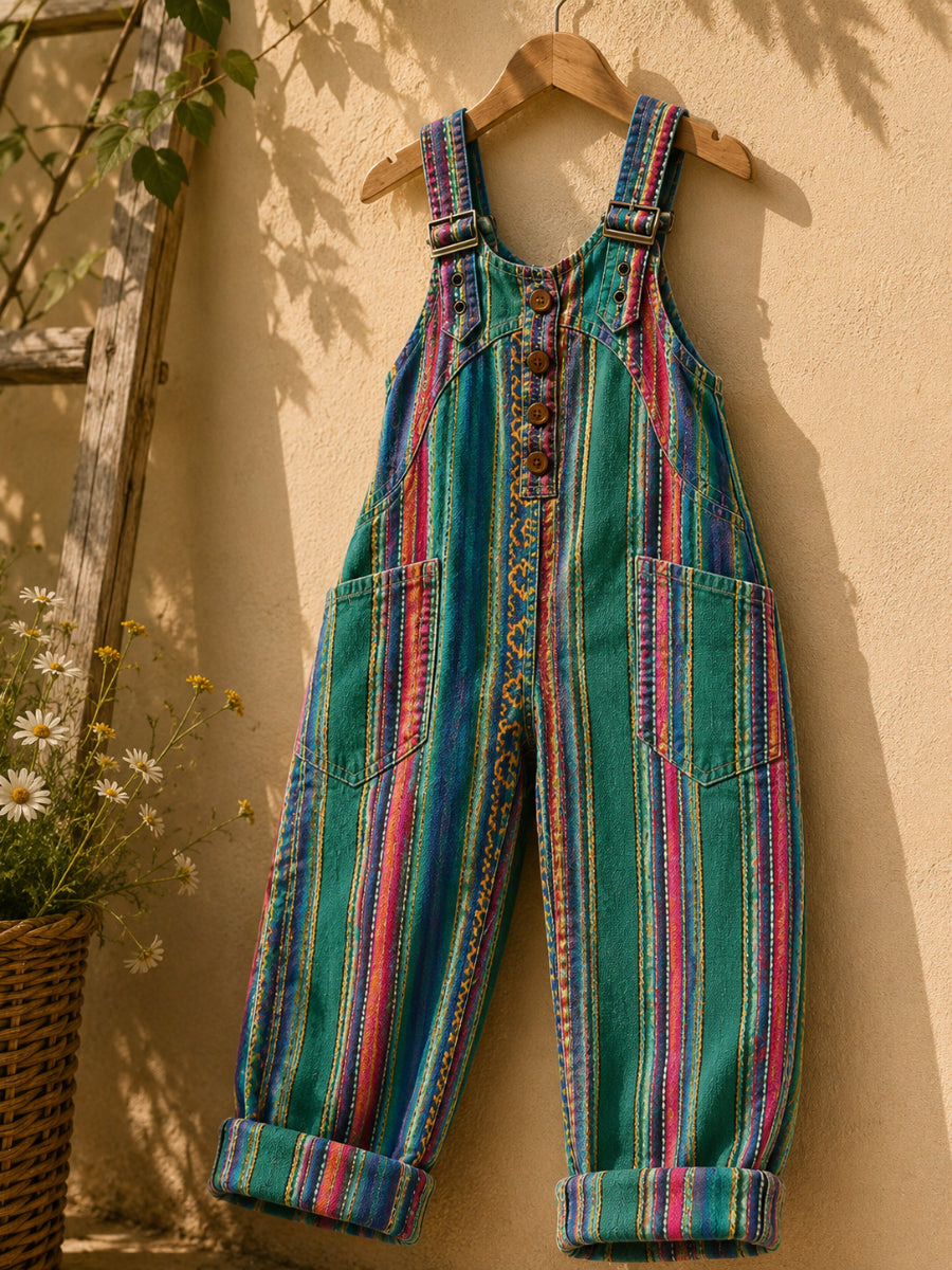 Women's Retro Style Art Print Washed Cotton Denim Patchwork Jumpsuit