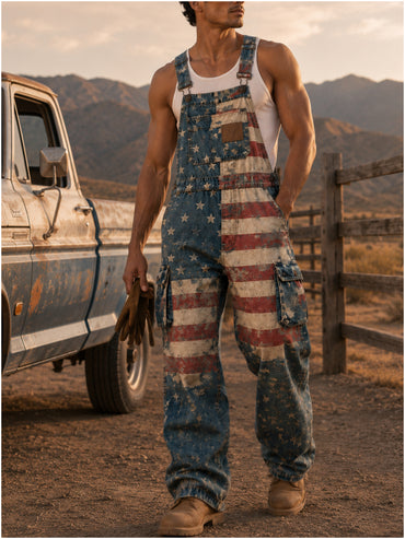 Men's Retro Style Art Print Vintage Casual Washed Cotton Denim Patchwork Jumpsuit