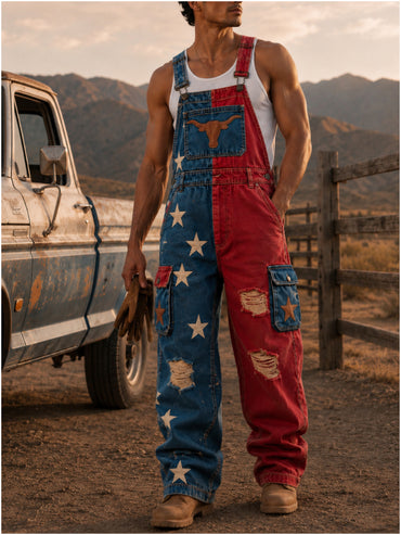 Men's Retro Style Art Print Vintage Casual Washed Cotton Denim Patchwork Jumpsuit