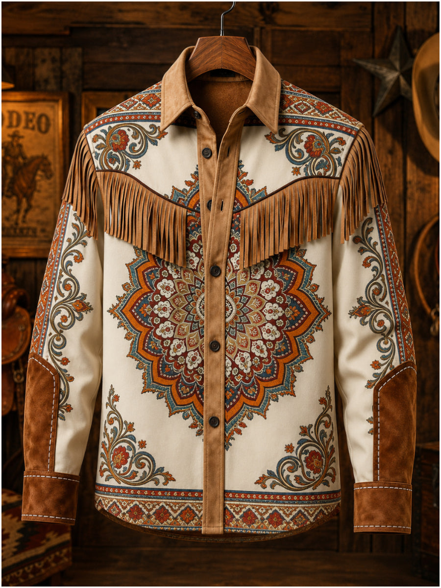 Men's Retro Western Style Art Print Vintage Tassel Casual Long Sleeve Shirt