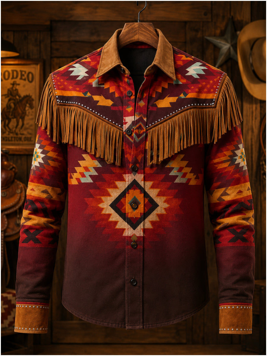 Men's Retro Leisurely Style Art Print Western Vintage Tassel Casual Long Sleeve Shirt
