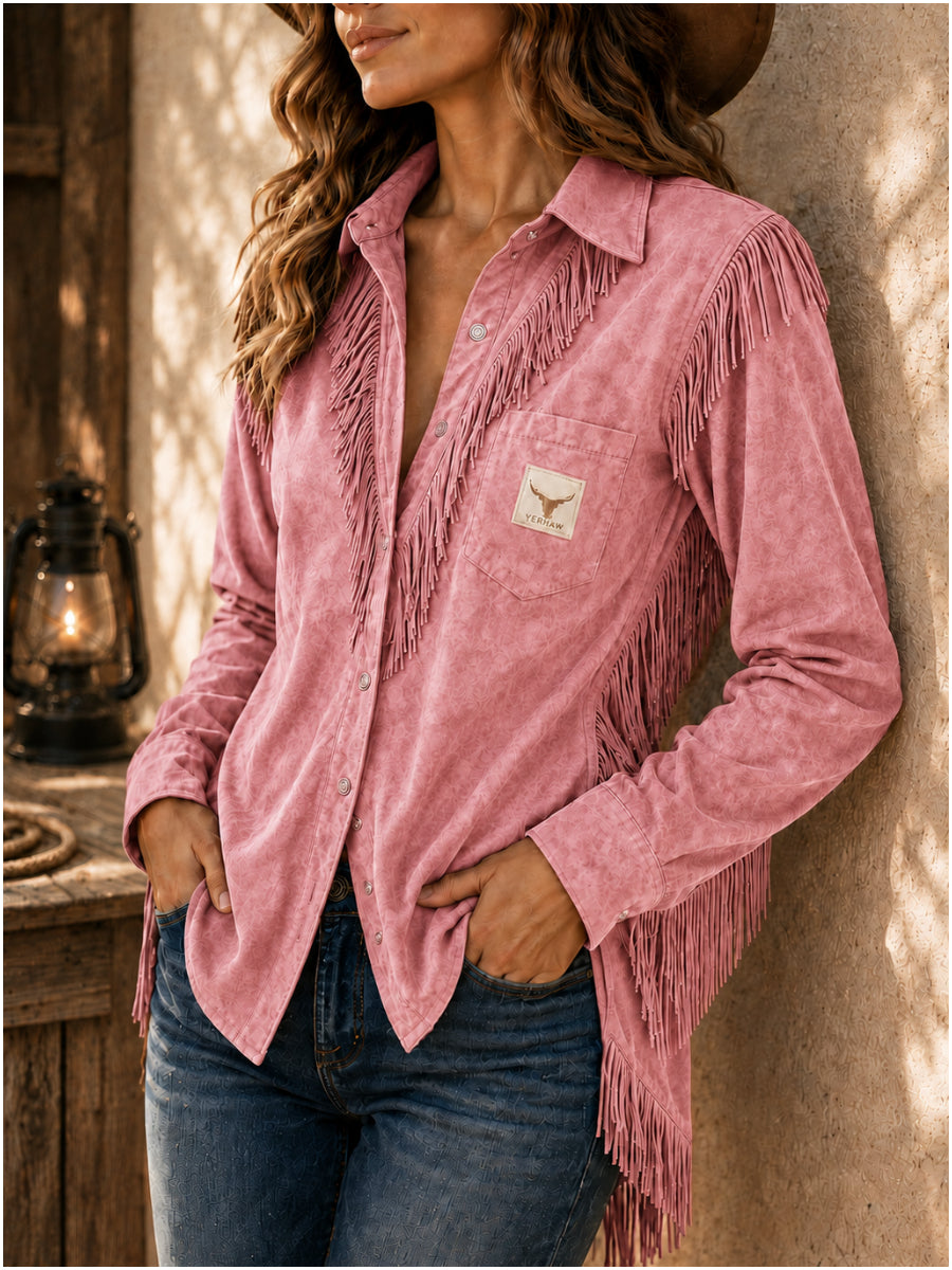 Women's Suede Turn-Down Collar Fringe Slim Fit Blouse
