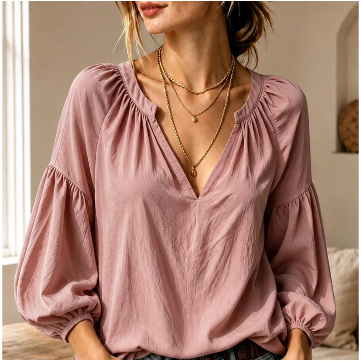 Women's Lazy Relaxed Ruched V-Neck Casual Blouse Top