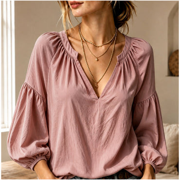Women's Lazy Relaxed Ruched V-Neck Casual Blouse Top