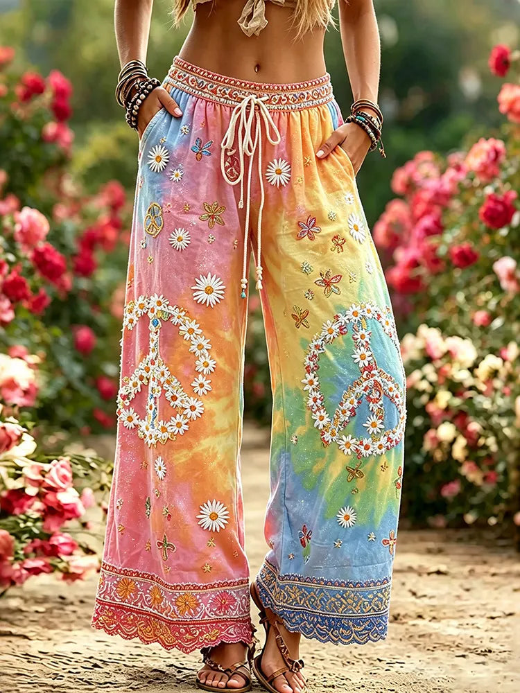 Women's Hippie Peace Symbol Embroidered Cotton Linen Casual Pants