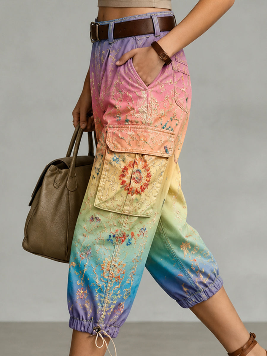 Retro Style Floral Print Vintage Casual Denim Capri Trousers