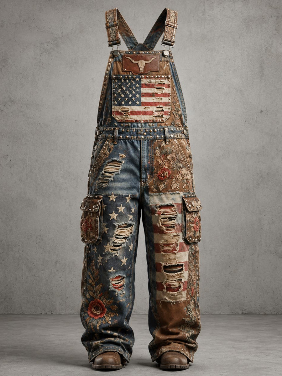 Men's Retro Style Art Print Vintage Casual Washed Cotton Denim Patchwork Jumpsuit