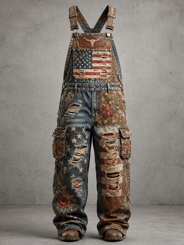 Men's Retro Style Art Print Vintage Casual Washed Cotton Denim Patchwork Jumpsuit