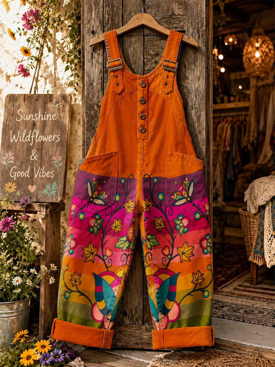 Women's Retro Style Art Print Washed Cotton Denim Patchwork Jumpsuit