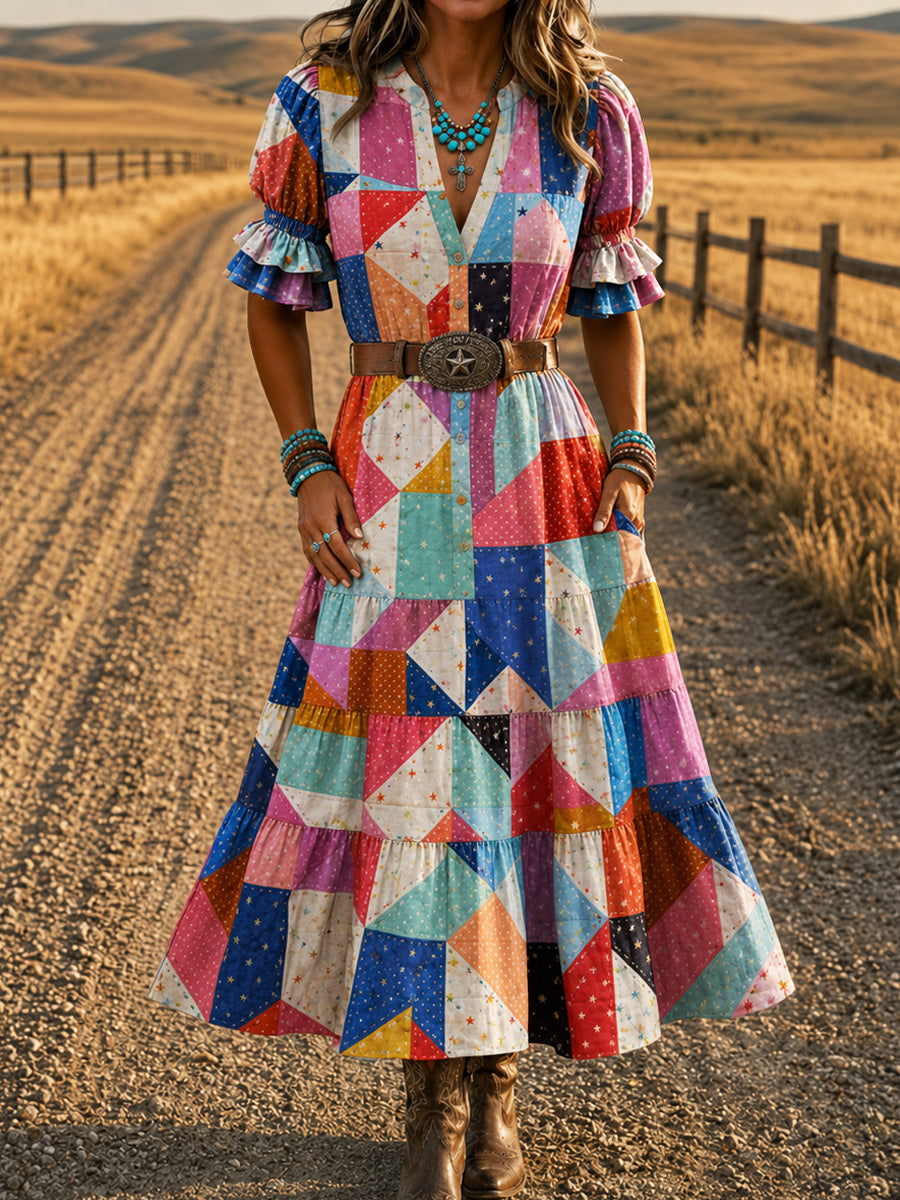 Women's Retro Art Print Washed Cotton Layered Patchwork Midi Dress