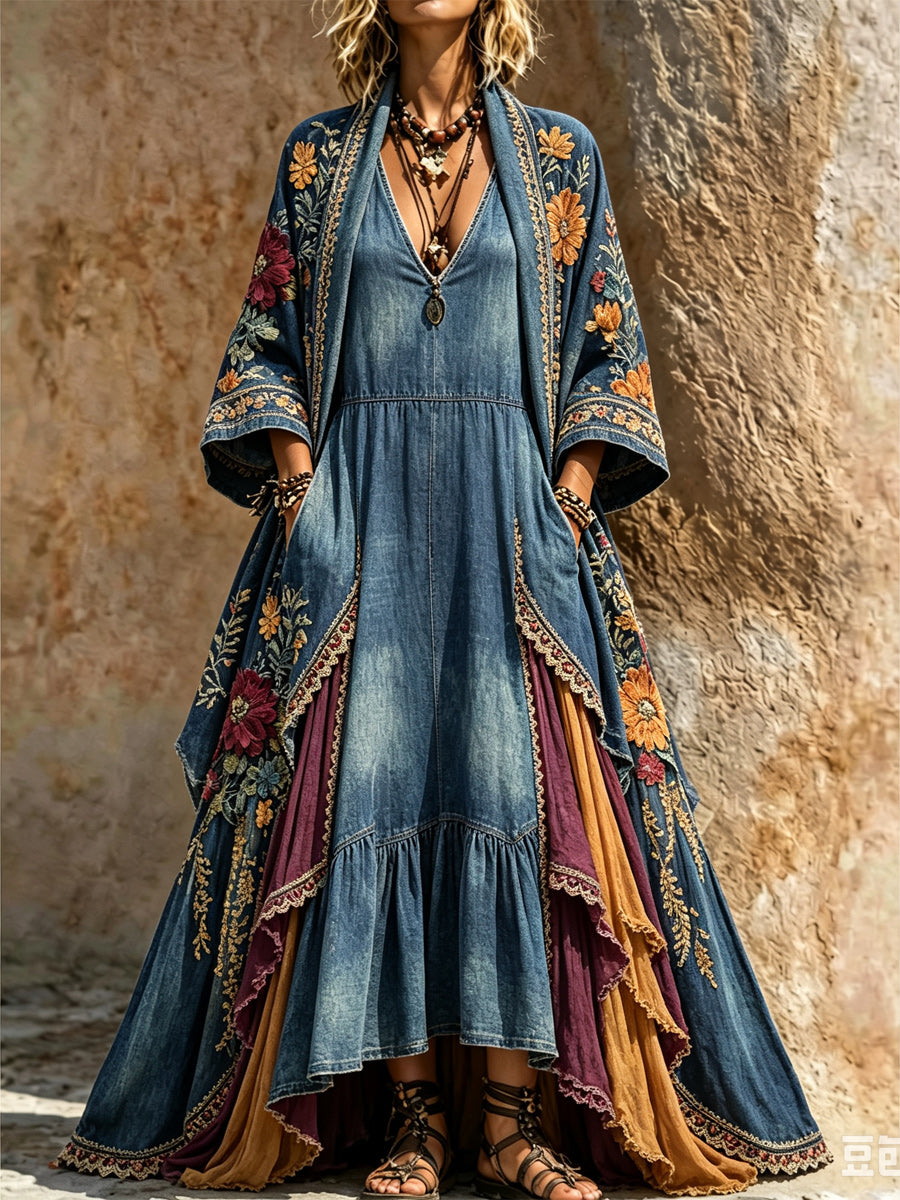Retro Style Art Printed Vintage Camisole Dress Long Sleeve Two-Piece Maxi Dress