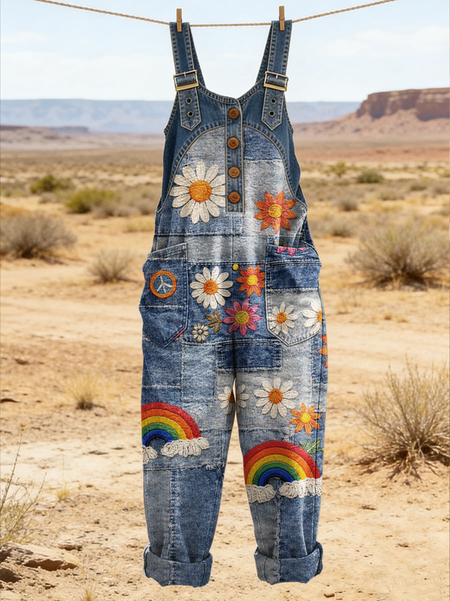 Women's Retro Floral Color-Blocked Art Print Washed Cotton Denim Patchwork Jumpsuit