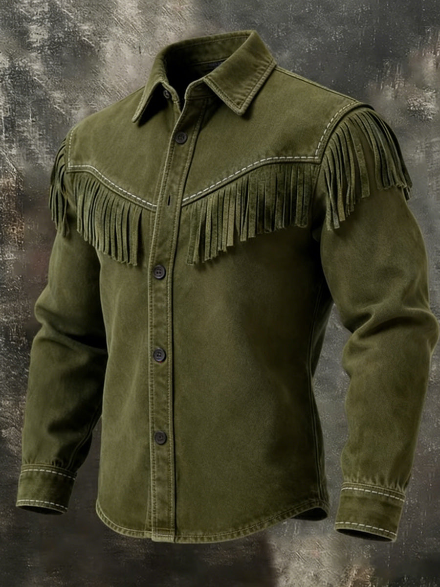 Men's Retro Western Style Art Print Vintage Tassel Casual Long Sleeve Shirt