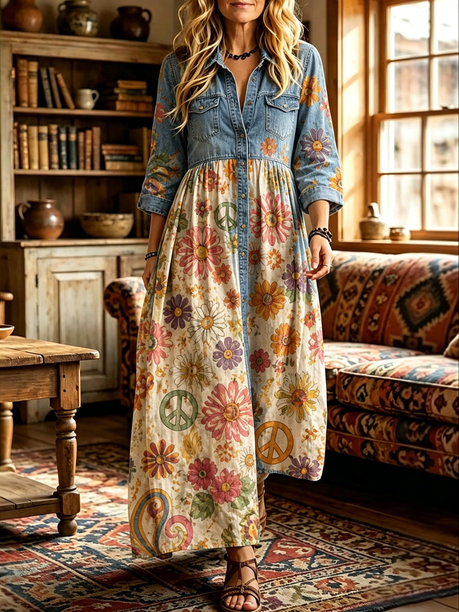 Women's Hippy Floral Art Print Washed Cotton Denim Patchwork Midi Dress