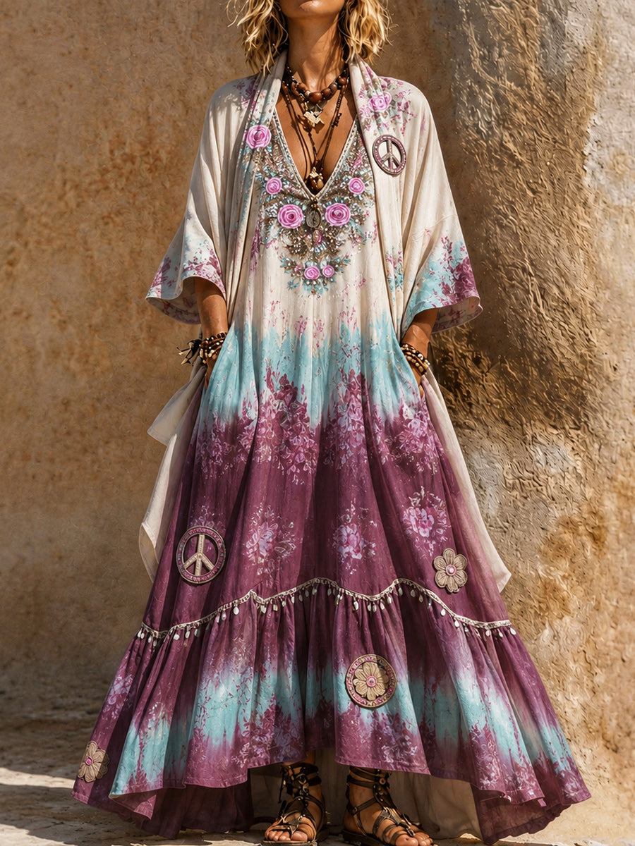 Retro Style Art Printed Vintage Camisole Dress Long Sleeve Two-Piece Maxi Dress