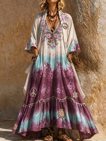 Retro Style Art Printed Vintage Camisole Dress Long Sleeve Two-Piece Maxi Dress