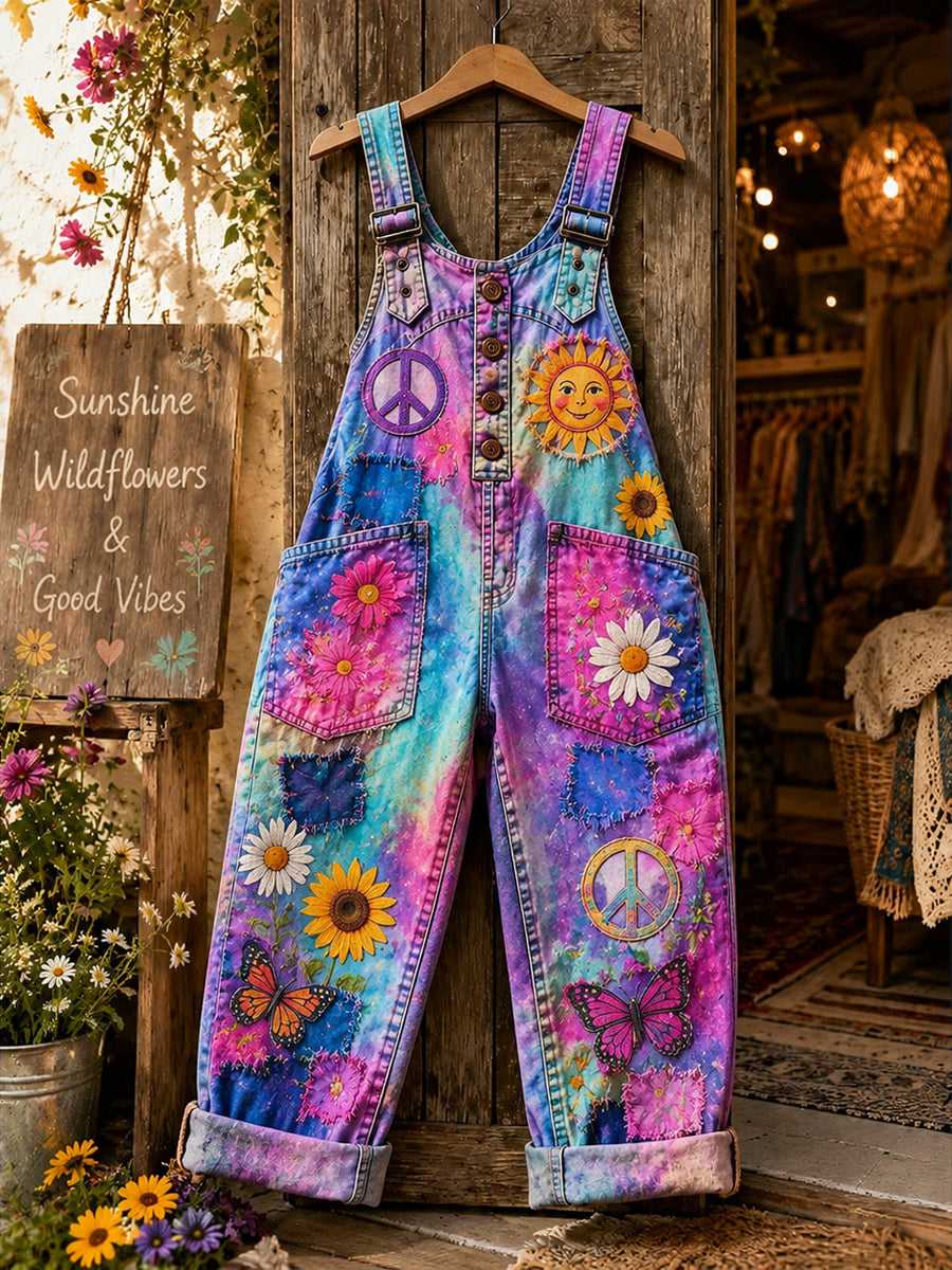 Women's Retro Style Art Print Washed Cotton Denim Patchwork Jumpsuit