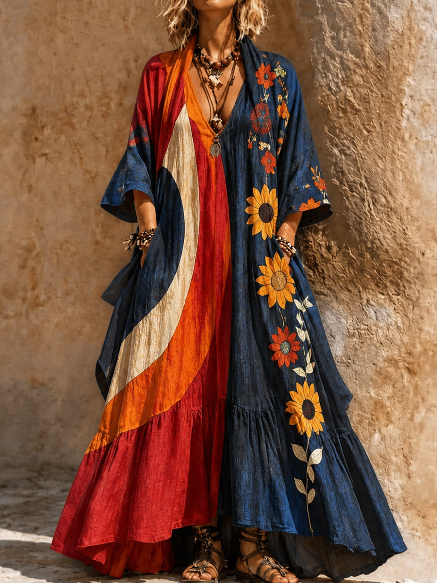 Retro Style Art Printed Vintage Camisole Dress Long Sleeve Two-Piece Maxi Dress