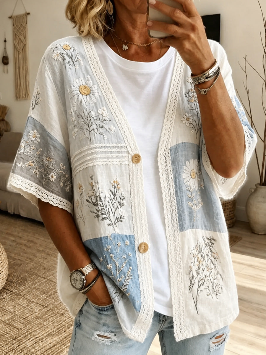Women's Bohemian Casual Art Print Retro V-Neck Long-Sleeved Button-Down Top