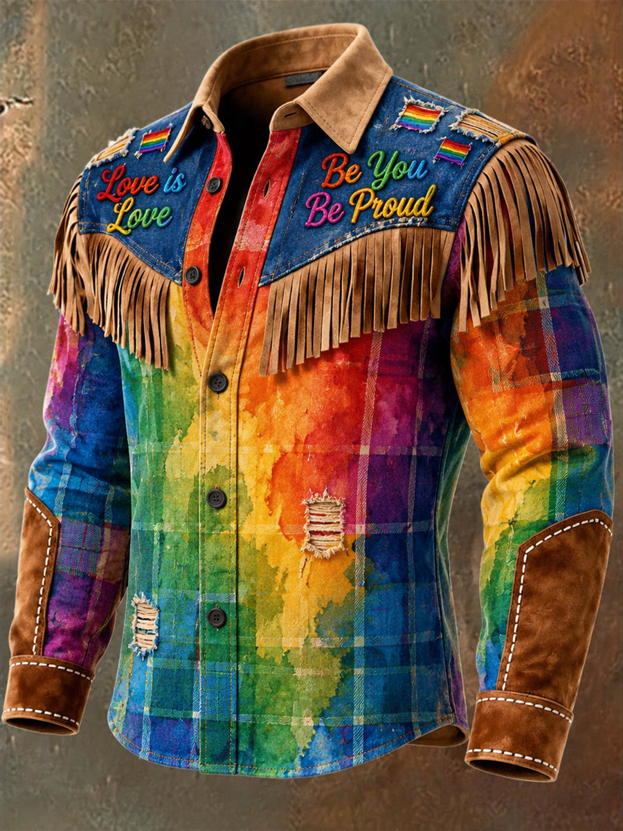 Men's Retro Pride Month Rainbow Art Print Western Vintage Tassel Casual Long Sleeve Shirt