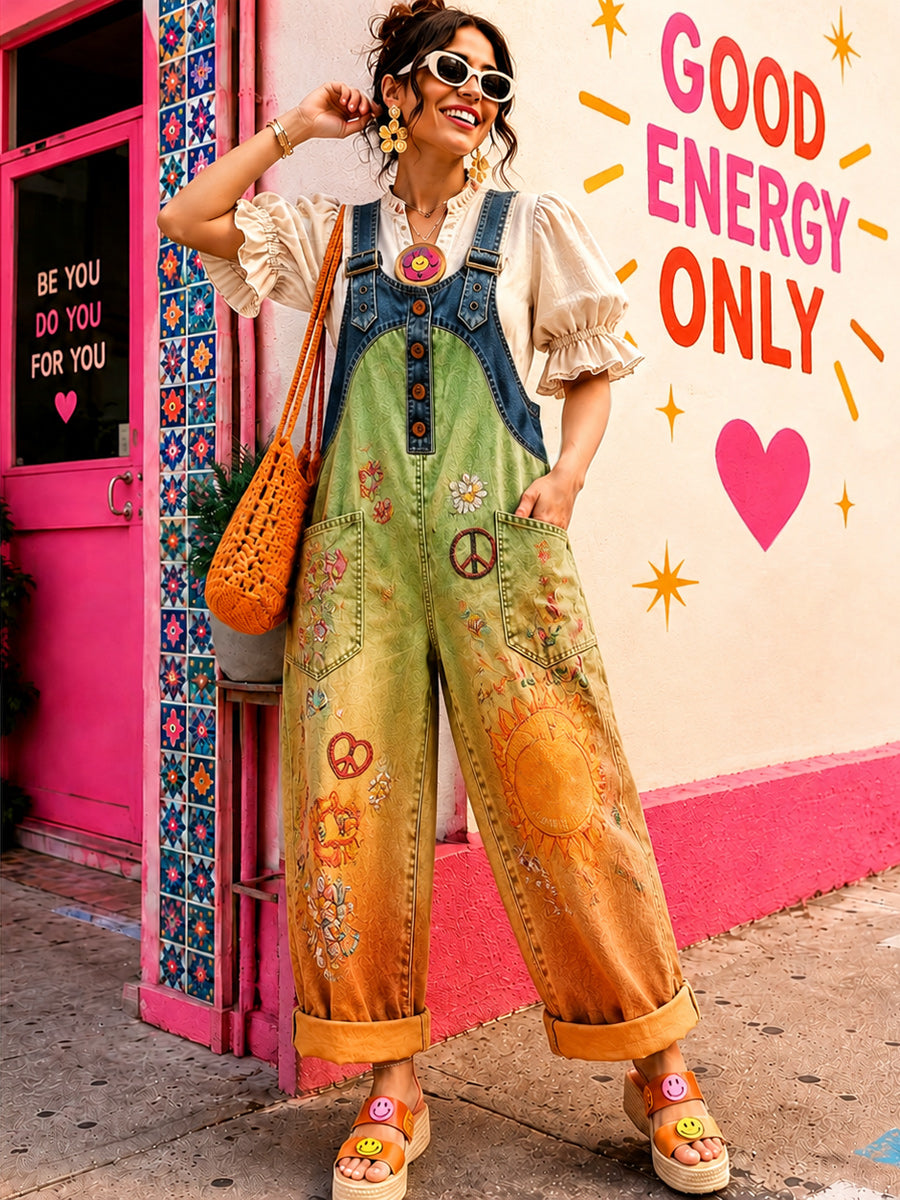 Women's Retro Style Art Print Washed Cotton Denim Patchwork Jumpsuit