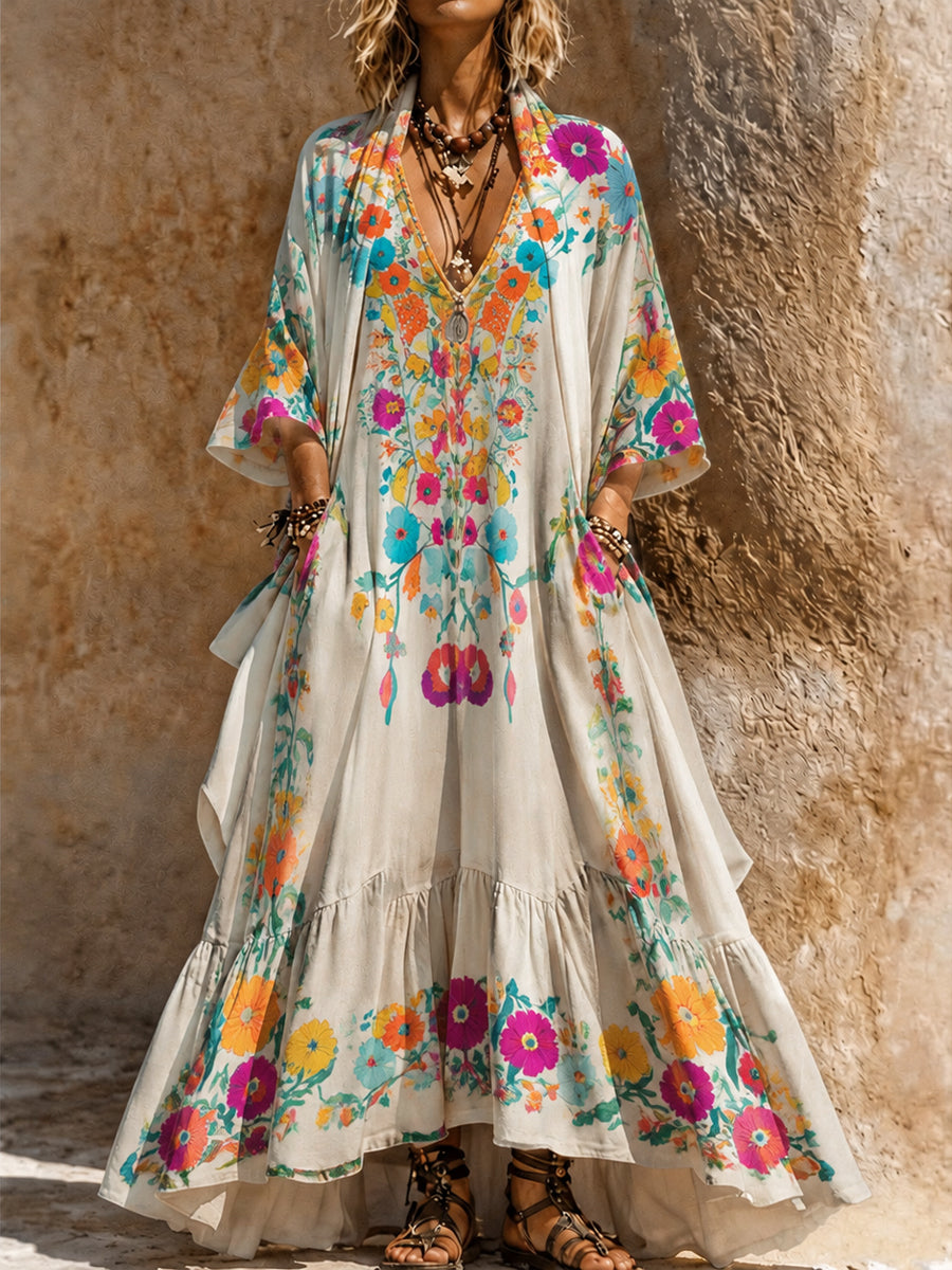 Retro Style Art Printed Vintage Camisole Dress Long Sleeve Two-Piece Maxi Dress