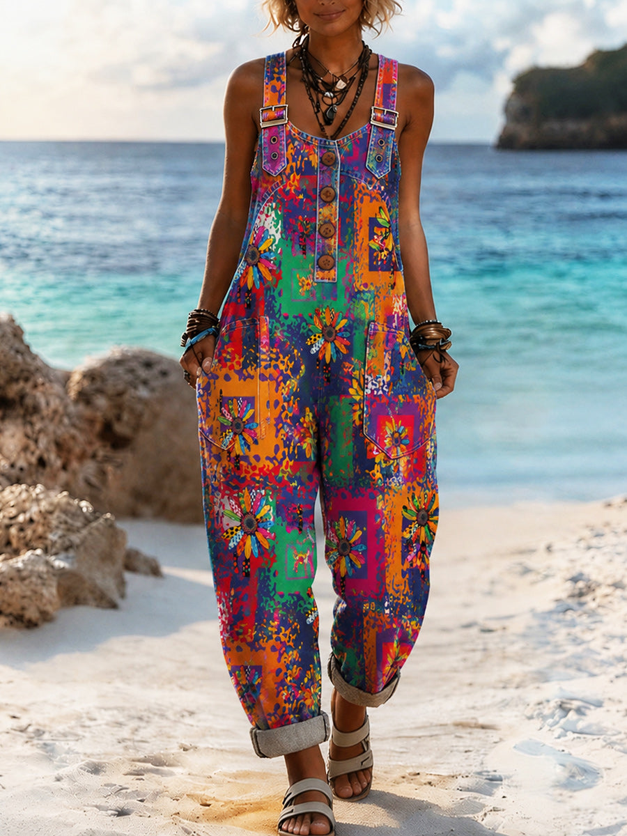 Women's Retro Style Art Print Washed Cotton Denim Patchwork Jumpsuit