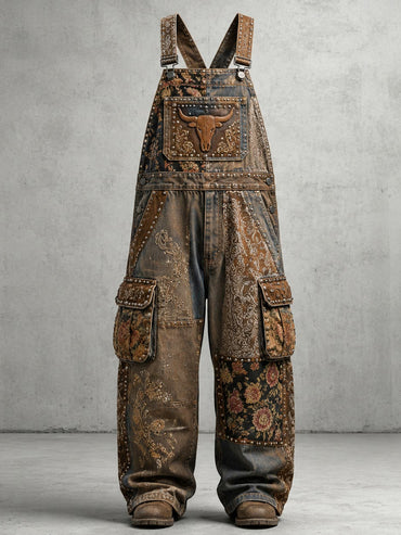 Men's Retro Style Art Print Vintage Casual Washed Cotton Denim Patchwork Jumpsuit