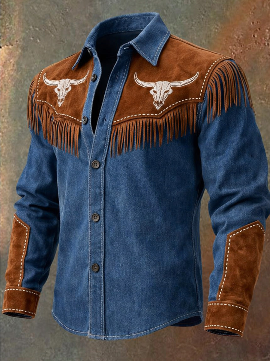 Men's Retro Western Style Art Print Vintage Tassel Casual Long Sleeve Shirt