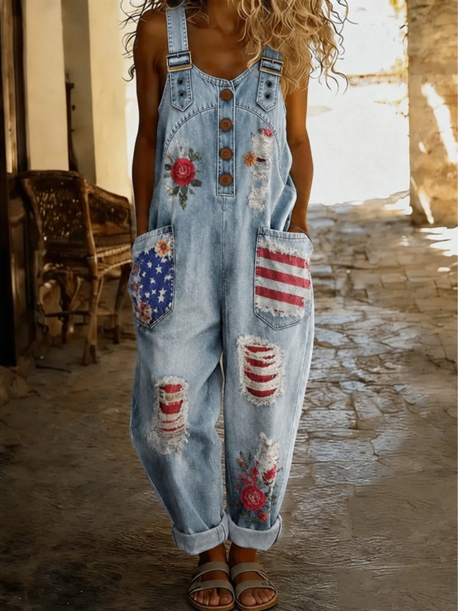 Women's Retro Style Art Print Washed Cotton Denim Patchwork Jumpsuit