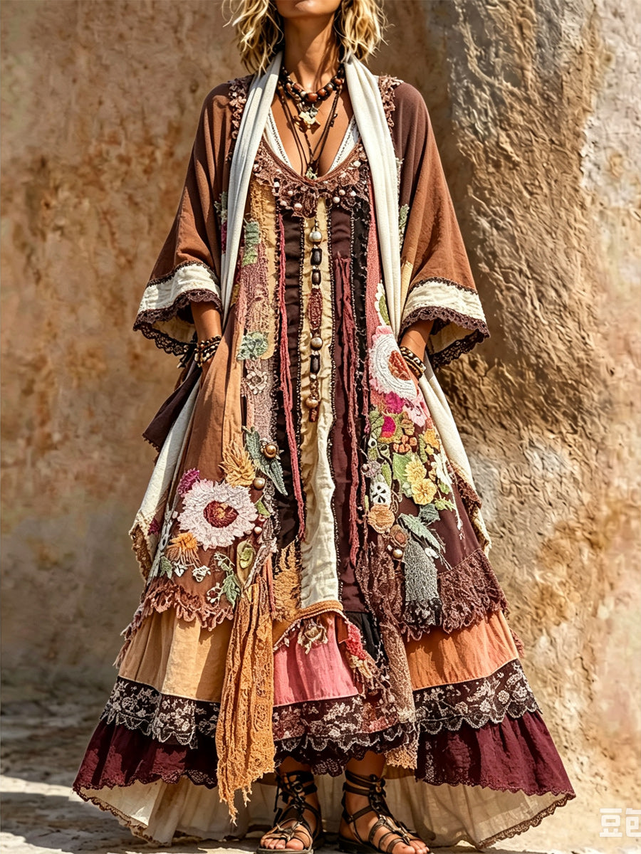 Retro Style Art Printed Vintage Camisole Dress Long Sleeve Two-Piece Maxi Dress