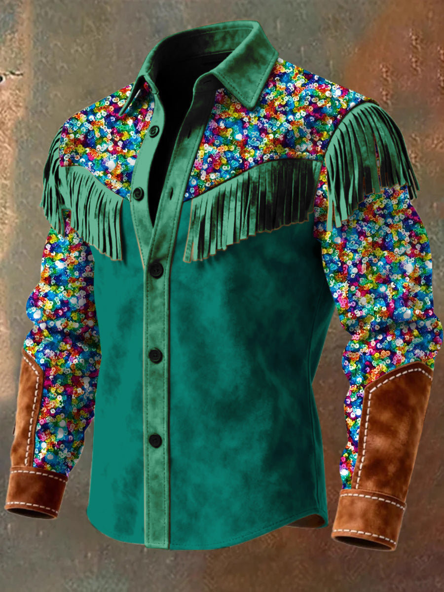 Men's Retro Western Style Art Print Vintage Tassel Casual Long Sleeve Shirt