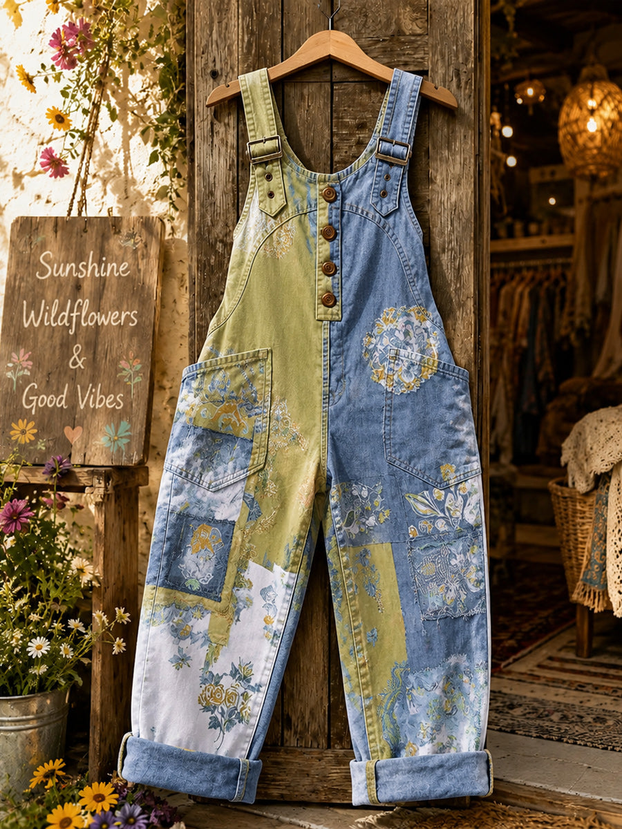 Women's Retro Style Art Print Washed Cotton Denim Patchwork Jumpsuit