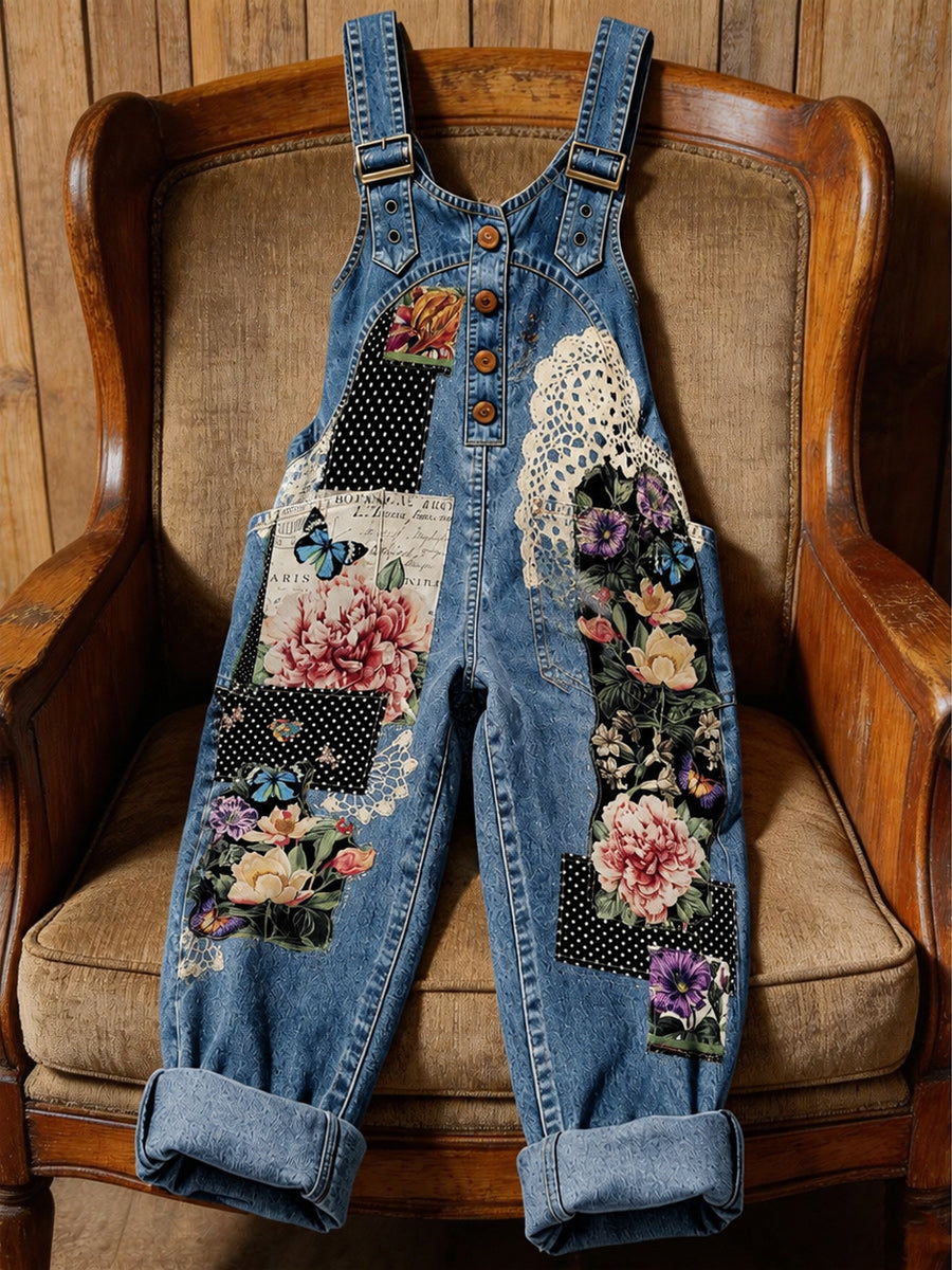 Women's Retro Style Art Print Washed Cotton Denim Patchwork Jumpsuit
