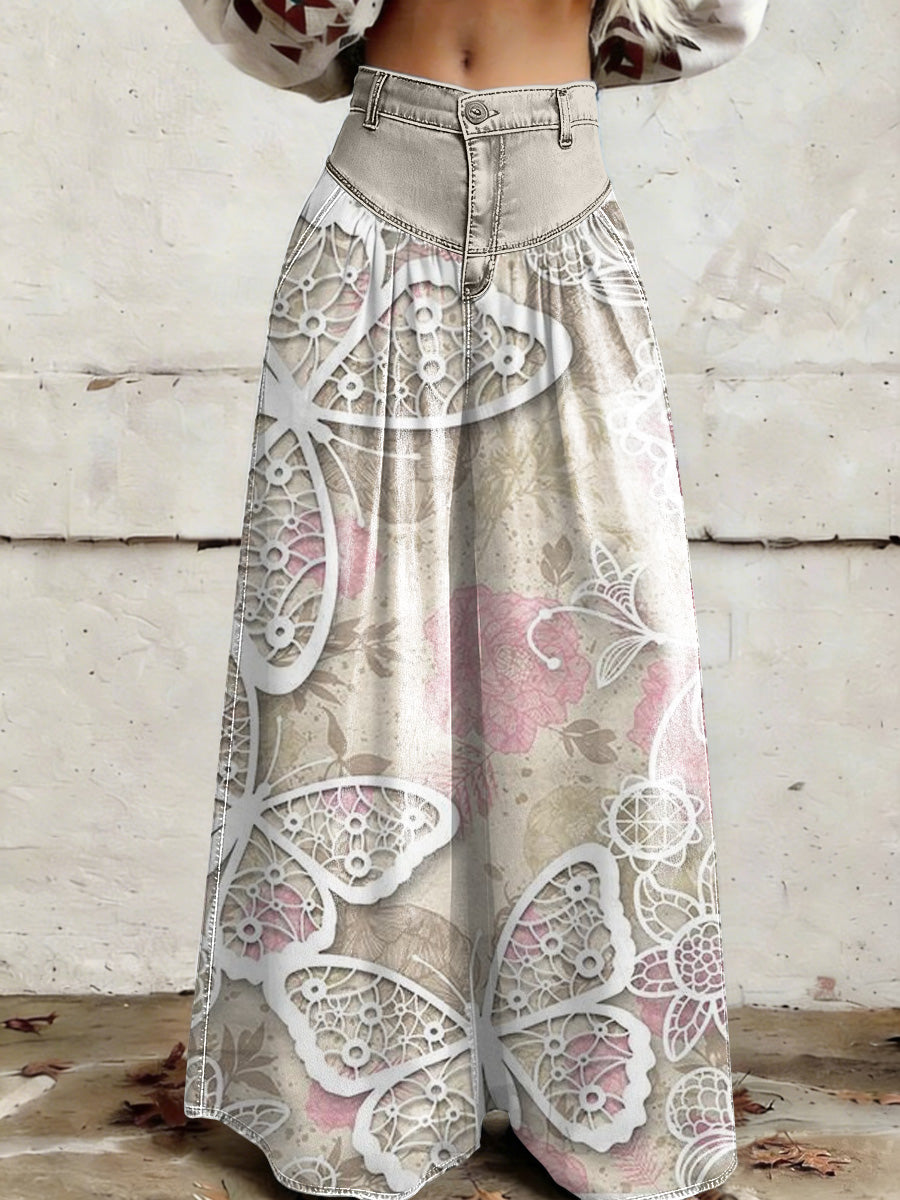 Women's Retro Floral Color-Blocked Art Print Casual Style Wide Leg Pants