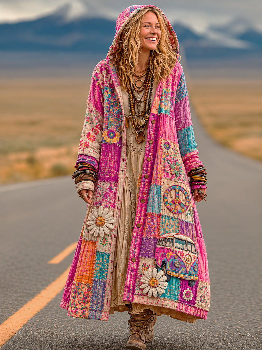 Retro Bohemian Style Art Printed Cotton Buttoned Hooded Casual Loose Long-Sleeved Shirt