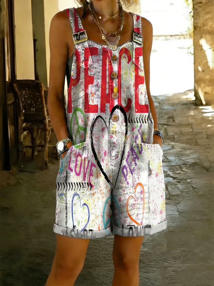 Women's Floral Art Print Washed Cotton Denim Patchwork Jumpsuit