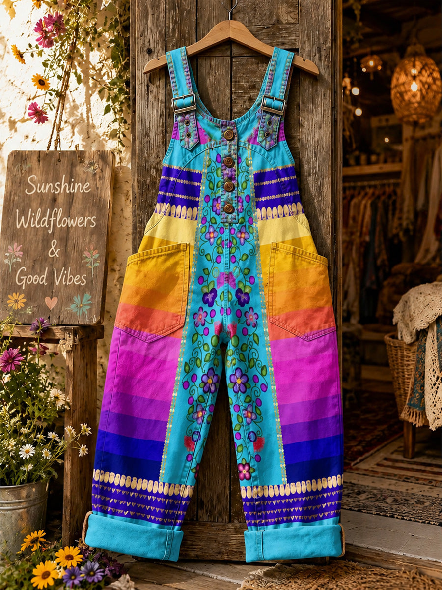 Women's Retro Style Art Print Washed Cotton Denim Patchwork Jumpsuit