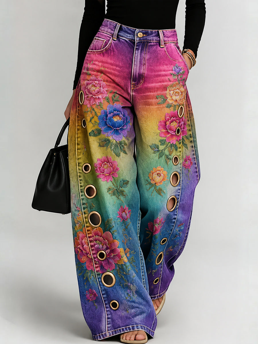 Women's Retro Style Art Print Casual Hollow Wide Leg Pants