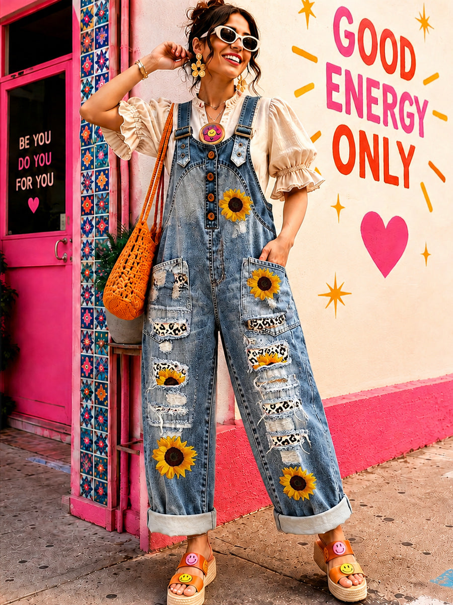 Women's Retro Style Art Print Washed Cotton Denim Patchwork Jumpsuit