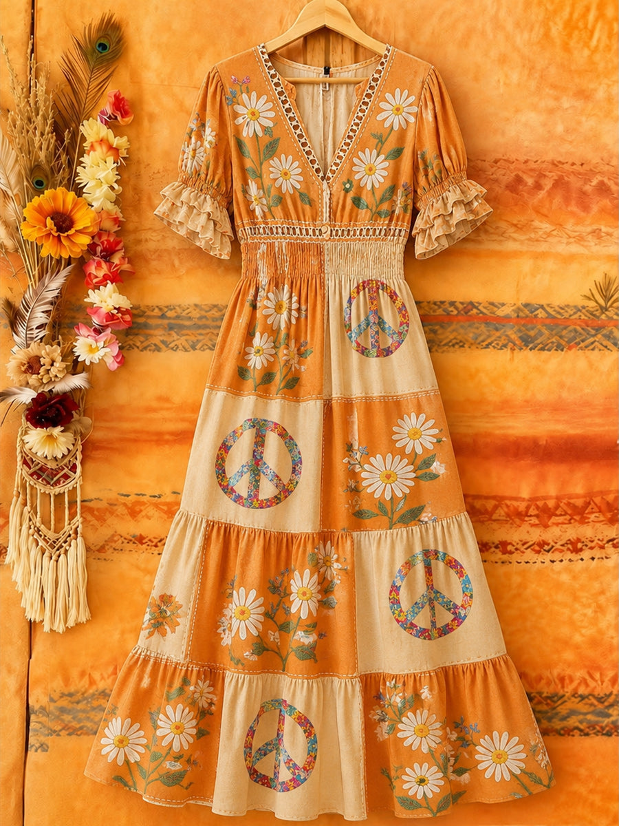Women's Retro Art Print Washed Cotton Lace Patchwork Midi Dress