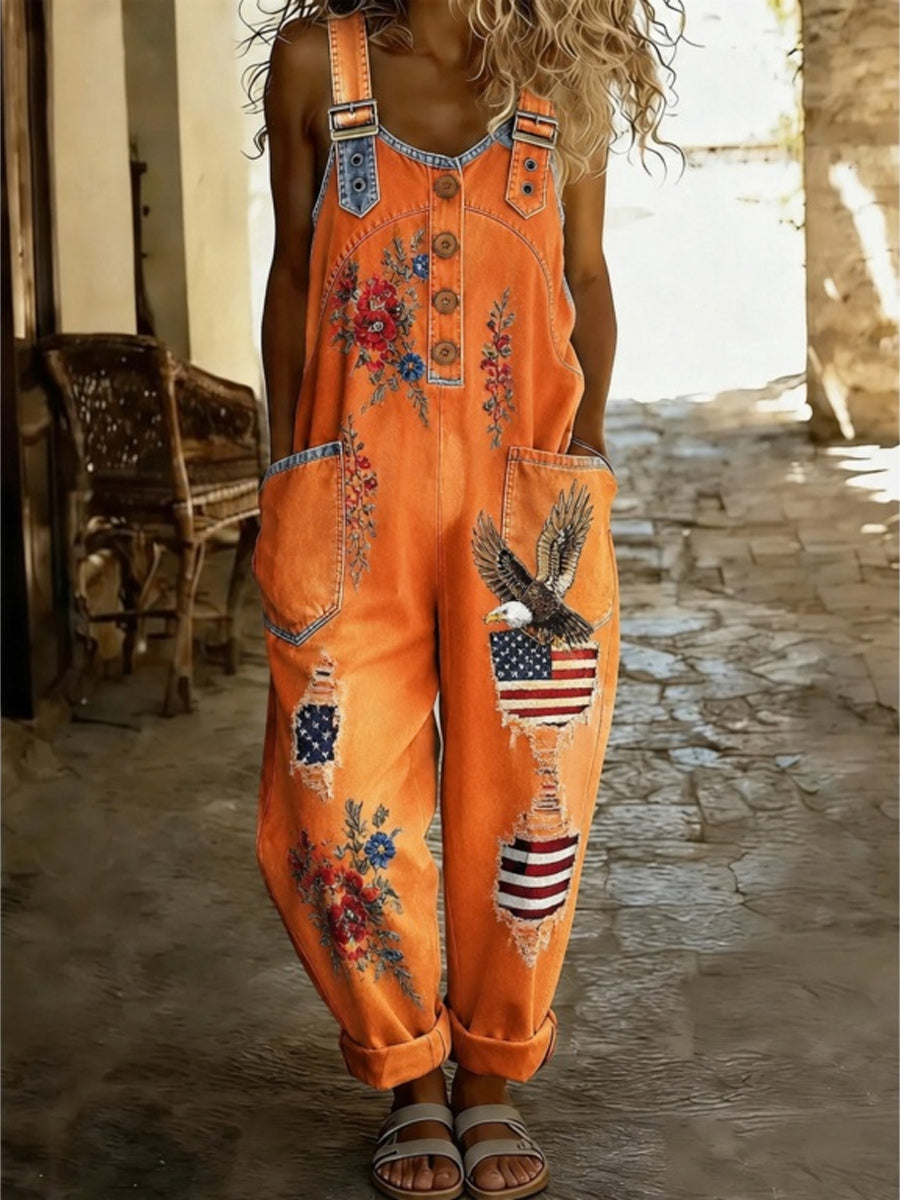 Women's Retro Style Art Print Washed Cotton Denim Patchwork Jumpsuit
