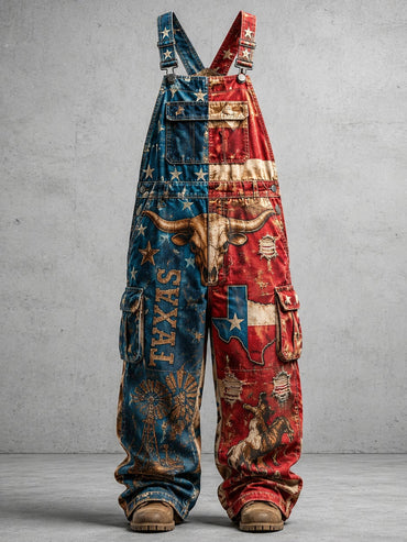 Men's Retro Style Art Print Vintage Casual Washed Cotton Denim Patchwork Jumpsuit