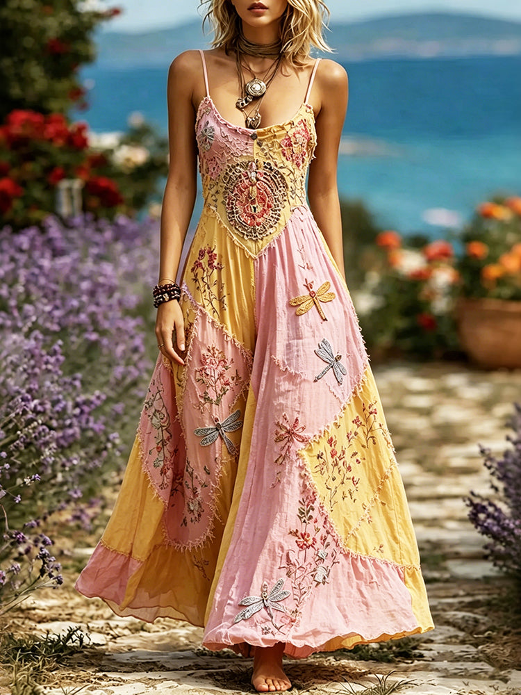 Women's Boho Floral Dragonfly Patchwork Sleeveless Dress