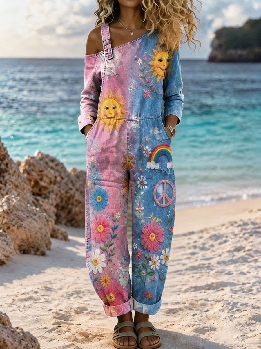 Women's Retro Style Art Print Washed Cotton Denim Patchwork Jumpsuit