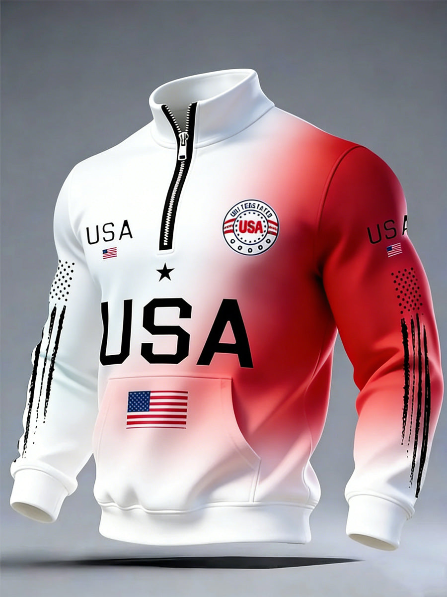 USA Flag Art Print Long Sleeve Zipper Sweatshirt