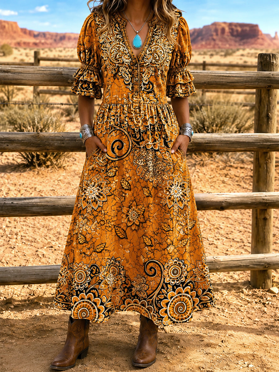 Women's Retro Art Print Washed Cotton Layered Patchwork Midi Dress