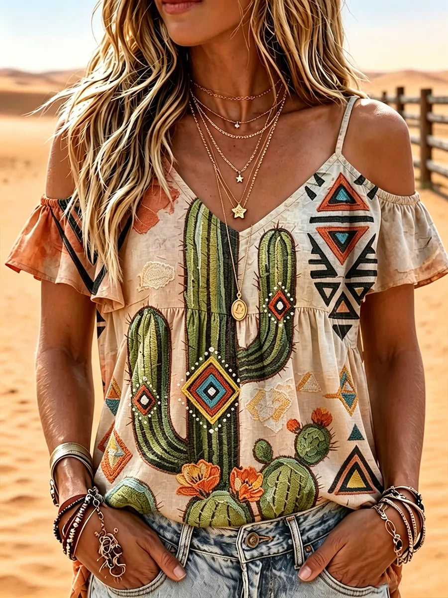 Women'S Retro Western Printed Off Shoulder Top